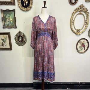 TINY Bohemian Paisley Print Midi Dress Long Sleeve Size S